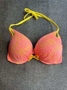 Victoria’s Secret The Gorgeous Push Up Bikini Top Swim Fire Coral Lace Pink 36DD